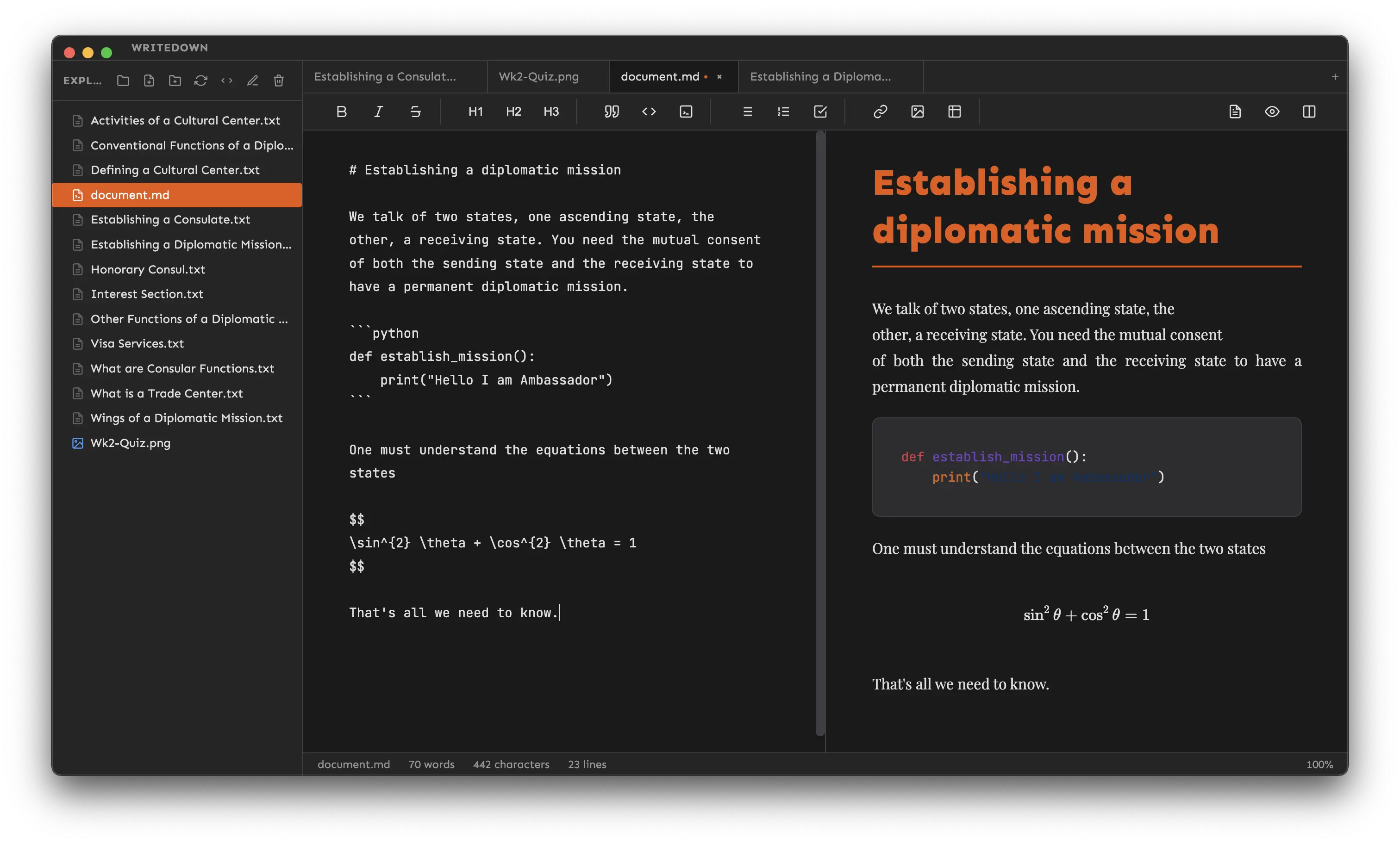 WriteDown.pro interface showing a markdown editor with messy notes being compiled into a polished document template